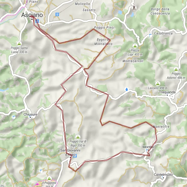 Miniaturní mapa "Gravelová trasa k Poggio Rabatta" inspirace pro cyklisty v oblasti Toscana, Italy. Vytvořeno pomocí plánovače tras Tarmacs.app