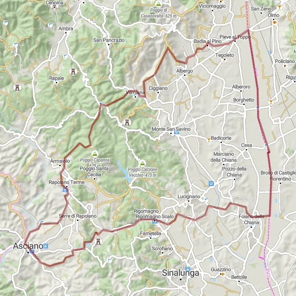 Mapa miniatúra "Gravel okruh cez Poggio Capanna a Rigomagno" cyklistická inšpirácia v Toscana, Italy. Vygenerované cyklistickým plánovačom trás Tarmacs.app