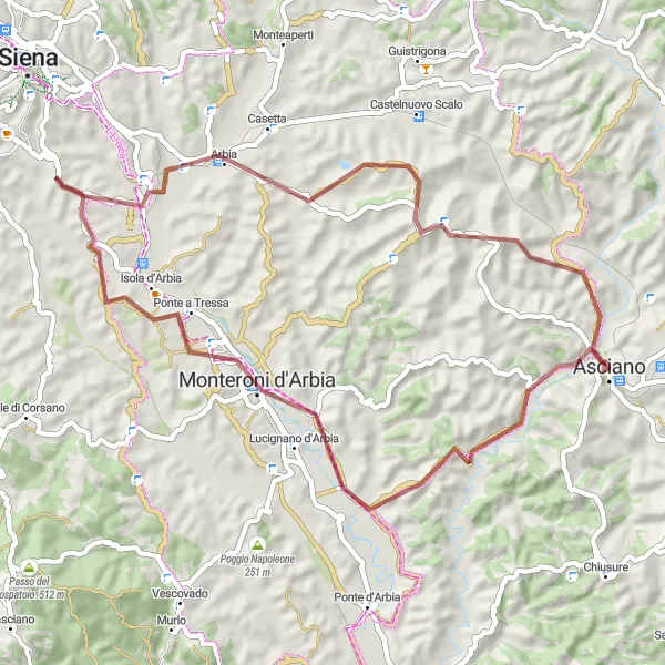 Mapa miniatúra "Gravelová túra okolo Asciana" cyklistická inšpirácia v Toscana, Italy. Vygenerované cyklistickým plánovačom trás Tarmacs.app