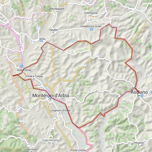 Miniatura della mappa di ispirazione al ciclismo "Percorso gravel Asciano - Poggiodarno" nella regione di Toscana, Italy. Generata da Tarmacs.app, pianificatore di rotte ciclistiche
