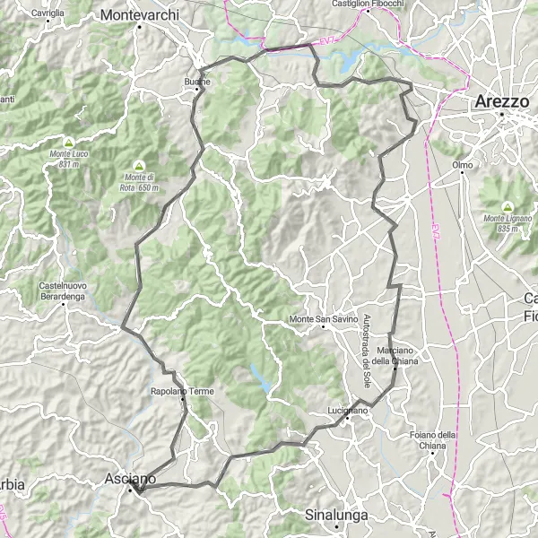 Kartminiatyr av "Rundväg till Poggio del Leccio" cykelinspiration i Toscana, Italy. Genererad av Tarmacs.app cykelruttplanerare