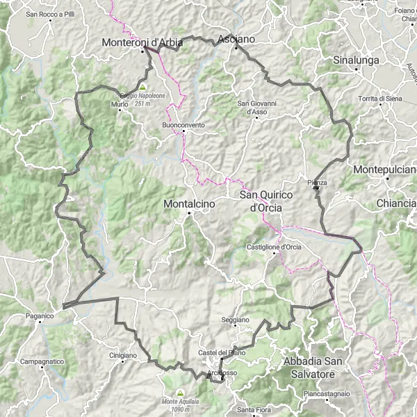 Zemljevid v pomanjšavi "Grand Tour okolice Asciana" kolesarske inspiracije v Toscana, Italy. Generirano z načrtovalcem kolesarskih poti Tarmacs.app