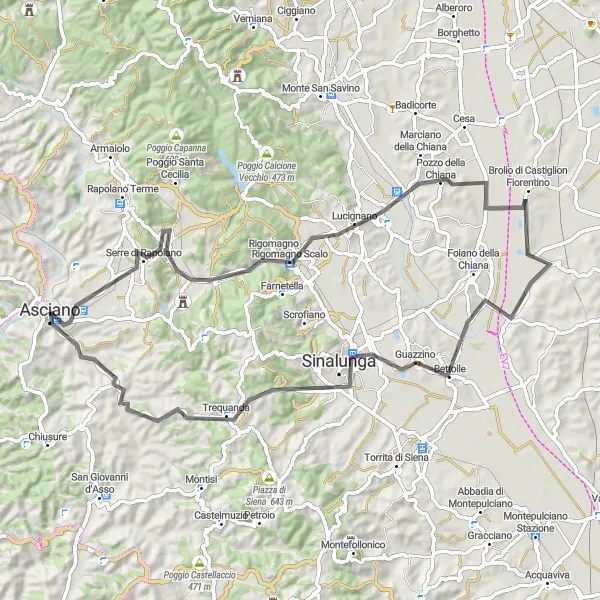 Map miniature of "Exploring the Scenic Roads of Asciano" cycling inspiration in Toscana, Italy. Generated by Tarmacs.app cycling route planner