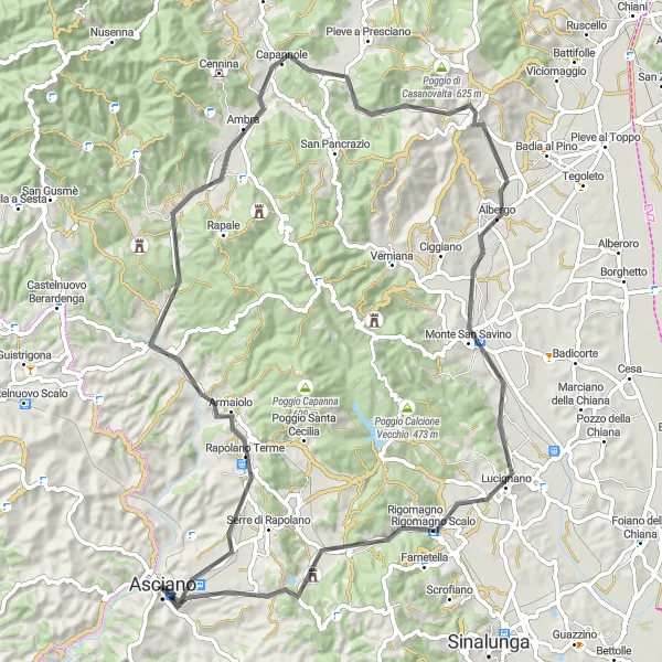 Karttaminiaatyyri "Haastava pyöräretki Borgo Beccanellan kautta" pyöräilyinspiraatiosta alueella Toscana, Italy. Luotu Tarmacs.app pyöräilyreittisuunnittelijalla