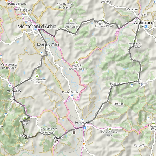Miniatura della mappa di ispirazione al ciclismo "Tour in mountain bike Asciano - Il Piano" nella regione di Toscana, Italy. Generata da Tarmacs.app, pianificatore di rotte ciclistiche