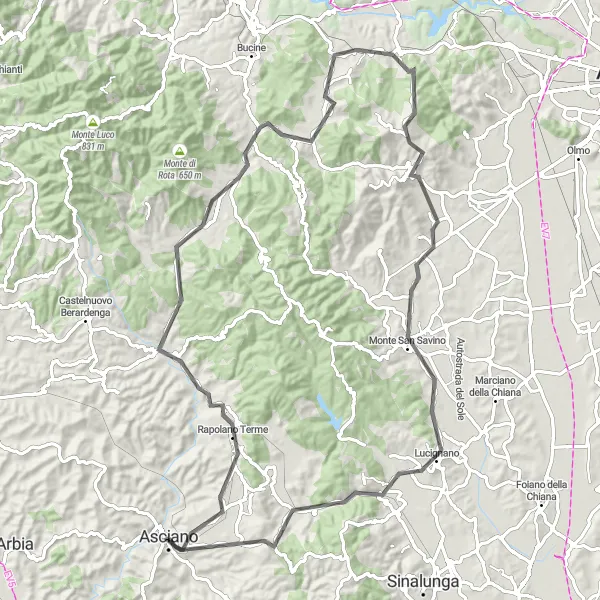 Miniatua del mapa de inspiración ciclista "Asciano - Borgo Beccanella" en Toscana, Italy. Generado por Tarmacs.app planificador de rutas ciclistas