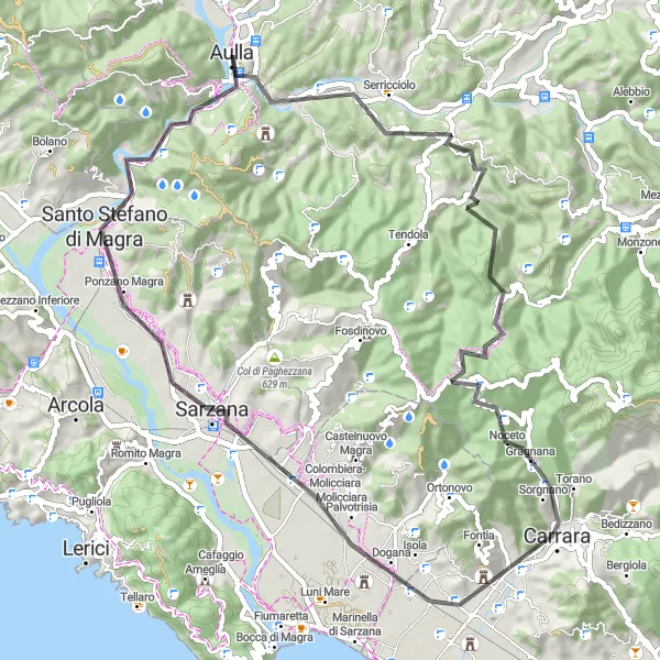 Mapa miniatúra "Krátky okruh cez Sarzana" cyklistická inšpirácia v Toscana, Italy. Vygenerované cyklistickým plánovačom trás Tarmacs.app