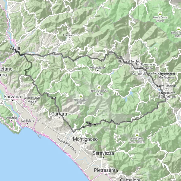 Miniatua del mapa de inspiración ciclista "Desafío ciclista por Garfagnana y Carrara" en Toscana, Italy. Generado por Tarmacs.app planificador de rutas ciclistas