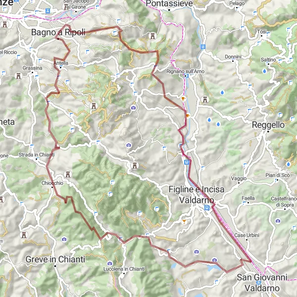 Map miniature of "Bagno a Ripoli to Poggio Balestrieri Gravel Route" cycling inspiration in Toscana, Italy. Generated by Tarmacs.app cycling route planner