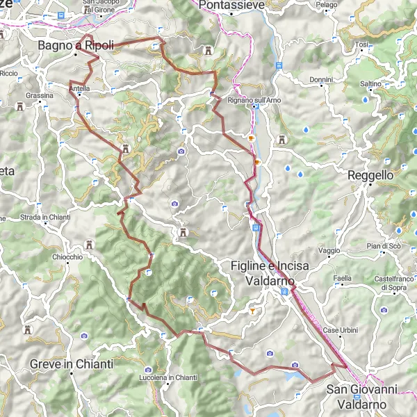 Miniaturní mapa "Drsný gravelový okruh okolo Bagno a Ripoli" inspirace pro cyklisty v oblasti Toscana, Italy. Vytvořeno pomocí plánovače tras Tarmacs.app