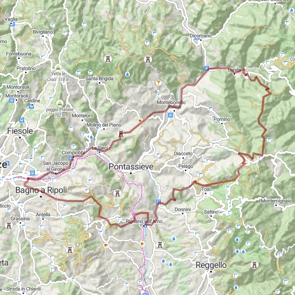Zemljevid v pomanjšavi "Pot od Bagno a Ripoli do Baroncelli in nazaj" kolesarske inspiracije v Toscana, Italy. Generirano z načrtovalcem kolesarskih poti Tarmacs.app