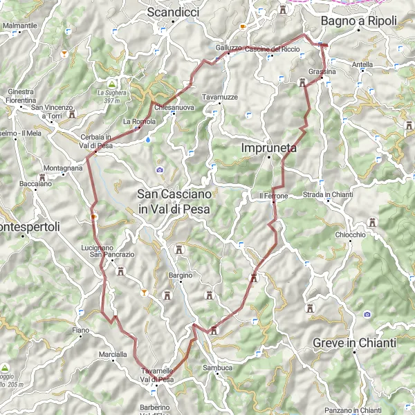 Miniatura mapy "Szlakiem przyrodniczymi trasami grawelowymi z Bagno a Ripoli" - trasy rowerowej w Toscana, Italy. Wygenerowane przez planer tras rowerowych Tarmacs.app