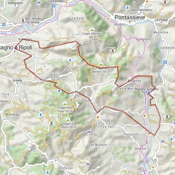 Zemljevid v pomanjšavi "Pogodna gravel kolesarska pot od Bagno a Ripoli do Rignano sull'Arno" kolesarske inspiracije v Toscana, Italy. Generirano z načrtovalcem kolesarskih poti Tarmacs.app
