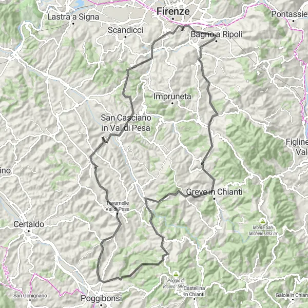 Karttaminiaatyyri "Maantiekierros San Casciano in Val di Pesaan" pyöräilyinspiraatiosta alueella Toscana, Italy. Luotu Tarmacs.app pyöräilyreittisuunnittelijalla