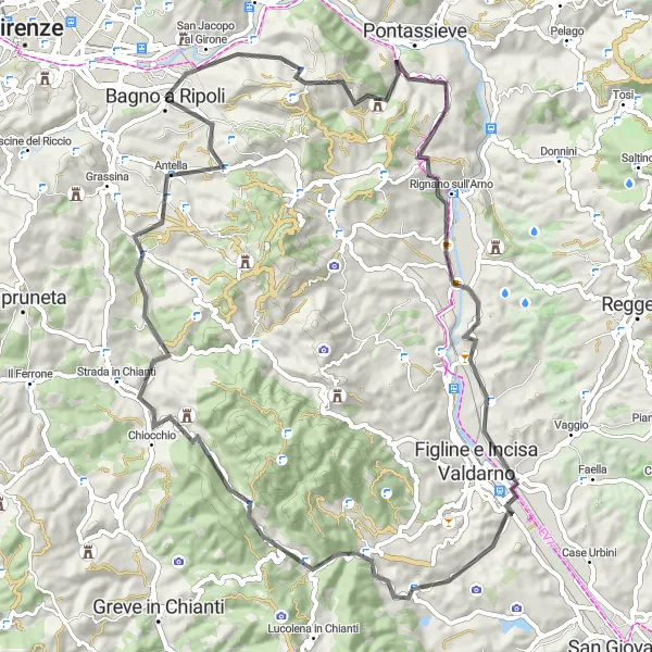 Map miniature of "Exploring the Valdarno region" cycling inspiration in Toscana, Italy. Generated by Tarmacs.app cycling route planner
