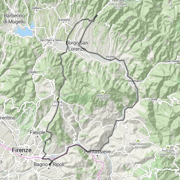 Zemljevid v pomanjšavi "Krožna kolesarska pot od Bagno a Ripoli do Pontassieve" kolesarske inspiracije v Toscana, Italy. Generirano z načrtovalcem kolesarskih poti Tarmacs.app