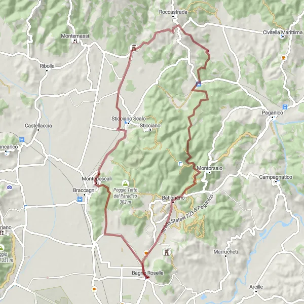 Miniatua del mapa de inspiración ciclista "Ruta de Grava Montorsaio" en Toscana, Italy. Generado por Tarmacs.app planificador de rutas ciclistas
