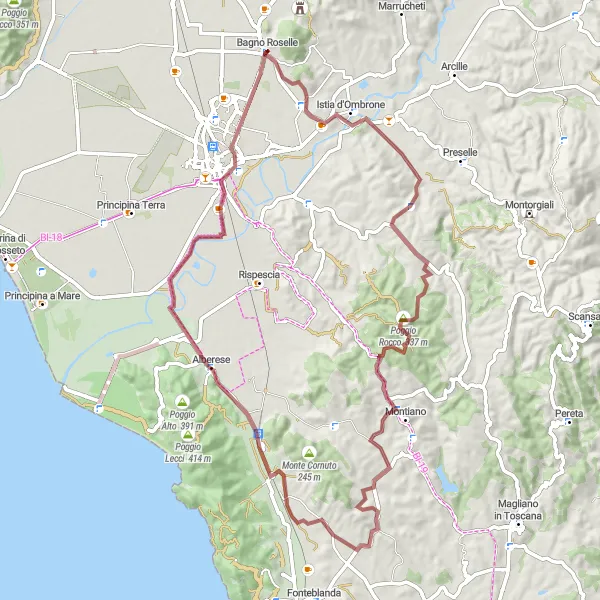 Miniatua del mapa de inspiración ciclista "Ruta de Grava desde Bagno Roselle" en Toscana, Italy. Generado por Tarmacs.app planificador de rutas ciclistas