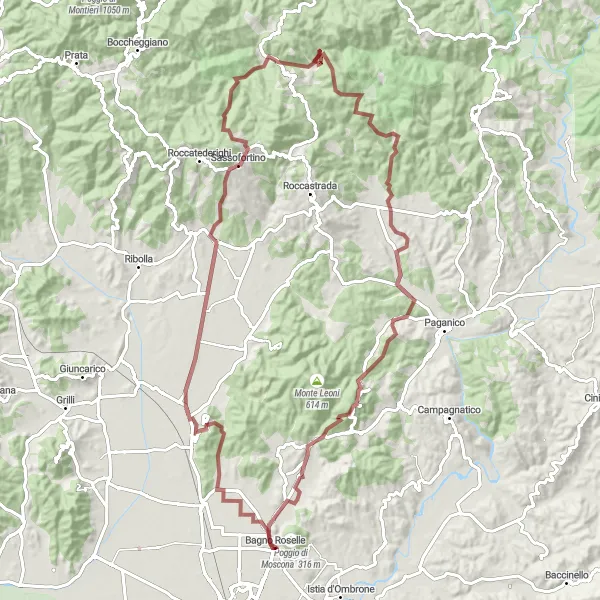 Miniatua del mapa de inspiración ciclista "Ruta de gravilla cerca de Bagno Roselle" en Toscana, Italy. Generado por Tarmacs.app planificador de rutas ciclistas