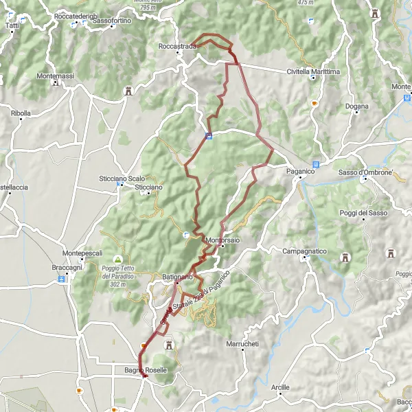 Miniaturní mapa "Gravelový okruh okolo Bagno Roselle" inspirace pro cyklisty v oblasti Toscana, Italy. Vytvořeno pomocí plánovače tras Tarmacs.app