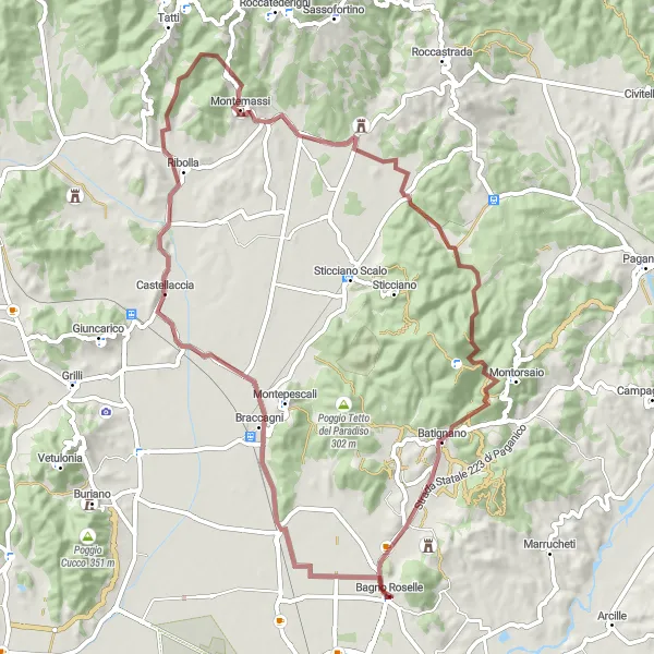 Kartminiatyr av "Unik tur til Montemassi og Poggio Mosconcino" sykkelinspirasjon i Toscana, Italy. Generert av Tarmacs.app sykkelrutoplanlegger