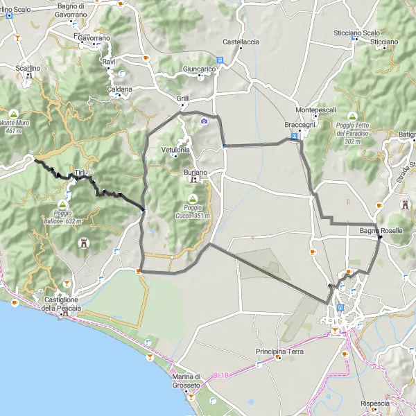 Miniatua del mapa de inspiración ciclista "Ruta por carretera cercana a Bagno Roselle" en Toscana, Italy. Generado por Tarmacs.app planificador de rutas ciclistas