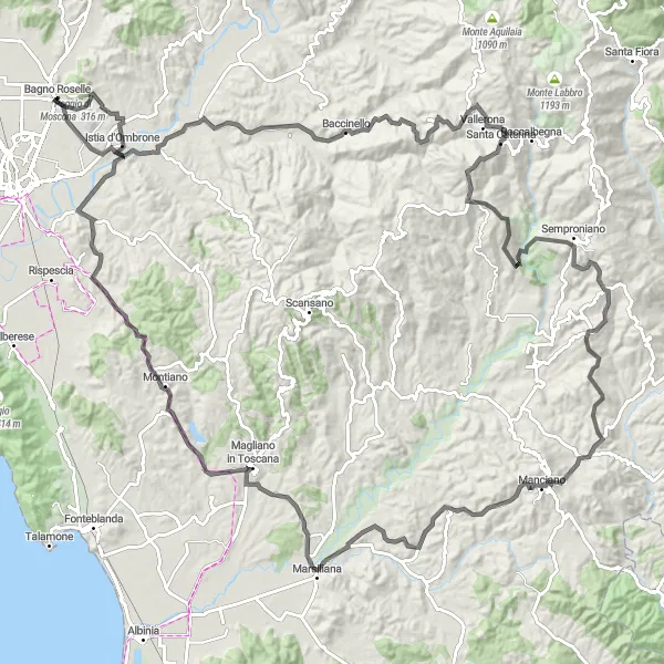 Miniatua del mapa de inspiración ciclista "Ruta larga por carretera cerca de Bagno Roselle" en Toscana, Italy. Generado por Tarmacs.app planificador de rutas ciclistas