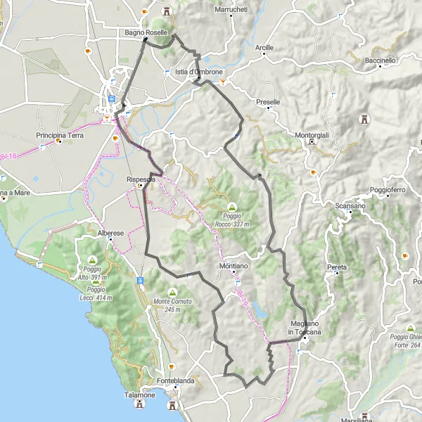 Karten-Miniaturansicht der Radinspiration "Magliano Road Circuit" in Toscana, Italy. Erstellt vom Tarmacs.app-Routenplaner für Radtouren