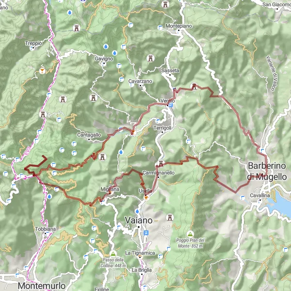 Miniatura della mappa di ispirazione al ciclismo "Tour dei Poggi e Passi del Mugello" nella regione di Toscana, Italy. Generata da Tarmacs.app, pianificatore di rotte ciclistiche