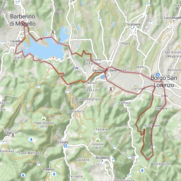 Zemljevid v pomanjšavi "Utrjena makadamska pot iz Barberina di Mugella" kolesarske inspiracije v Toscana, Italy. Generirano z načrtovalcem kolesarskih poti Tarmacs.app