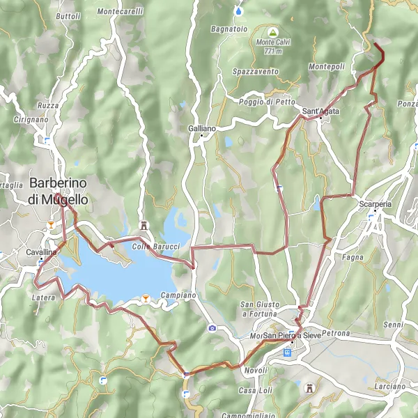 Miniatura della mappa di ispirazione al ciclismo "Escursione in gravel attorno al Lago di Bilancino" nella regione di Toscana, Italy. Generata da Tarmacs.app, pianificatore di rotte ciclistiche