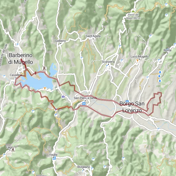 Map miniature of "Mugello Gravel Adventure" cycling inspiration in Toscana, Italy. Generated by Tarmacs.app cycling route planner