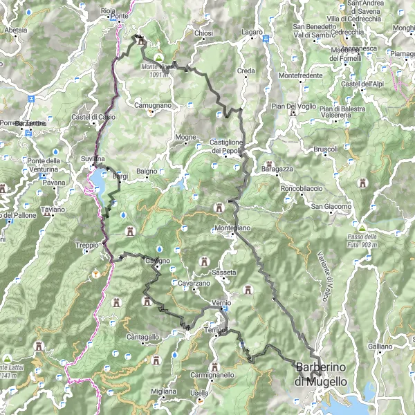 Miniatura della mappa di ispirazione al ciclismo "Tour ciclistico tra Poggio delle Prata e Barberino di Mugello" nella regione di Toscana, Italy. Generata da Tarmacs.app, pianificatore di rotte ciclistiche