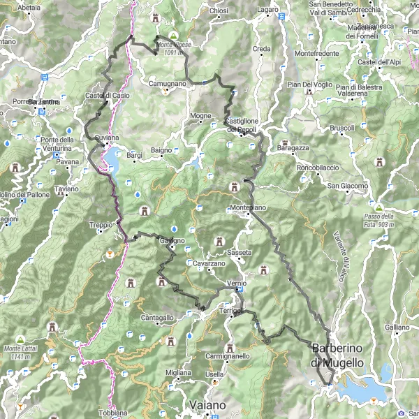 Kartminiatyr av "Landevei til Vernio" sykkelinspirasjon i Toscana, Italy. Generert av Tarmacs.app sykkelrutoplanlegger
