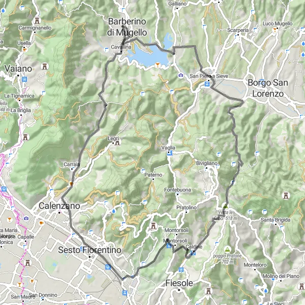 Miniaturní mapa "Trasa okolo Mugella" inspirace pro cyklisty v oblasti Toscana, Italy. Vytvořeno pomocí plánovače tras Tarmacs.app