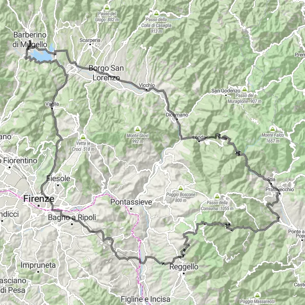 Map miniature of "Mugello Legendary Loop" cycling inspiration in Toscana, Italy. Generated by Tarmacs.app cycling route planner