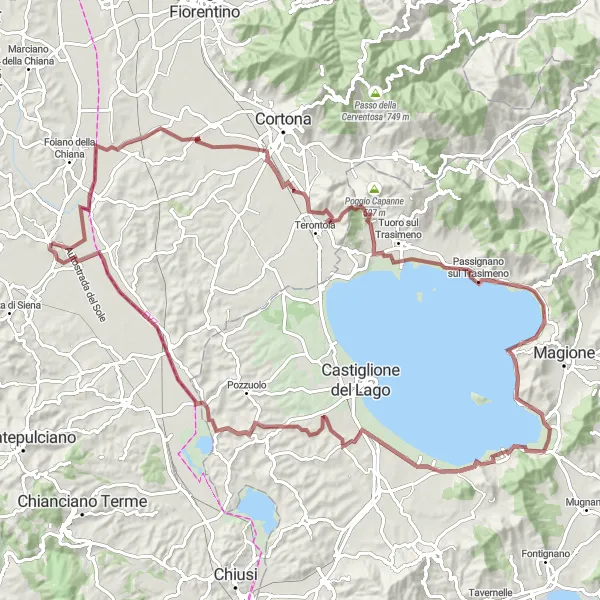 Miniaturní mapa "Trasa Colle dei Termini - Pieve Confini - Monte Ruffiano - Torricella - San Savino - Ranciano - Casamaggiore" inspirace pro cyklisty v oblasti Toscana, Italy. Vytvořeno pomocí plánovače tras Tarmacs.app