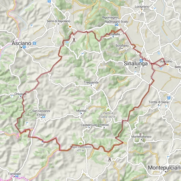 Miniatura della mappa di ispirazione al ciclismo "Alla Scoperta dei Paesaggi di Crete Senesi" nella regione di Toscana, Italy. Generata da Tarmacs.app, pianificatore di rotte ciclistiche