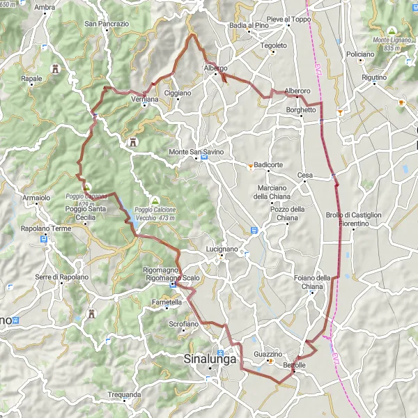 Miniatua del mapa de inspiración ciclista "Ruta de grava en la Toscana rural" en Toscana, Italy. Generado por Tarmacs.app planificador de rutas ciclistas