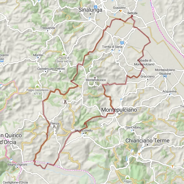 Map miniature of "Discovering Gravel Trails near Montepulciano" cycling inspiration in Toscana, Italy. Generated by Tarmacs.app cycling route planner