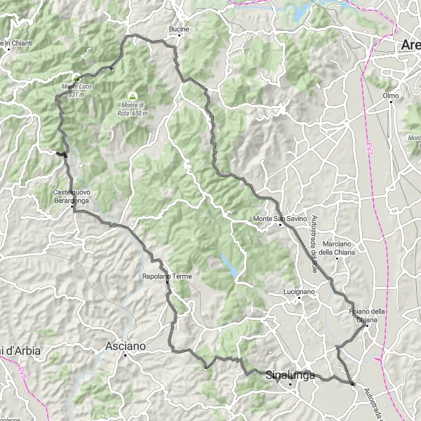 Miniature de la carte de l'inspiration cycliste "Circuit de cyclisme de route Bettolle - Santa Luce" dans la Toscana, Italy. Générée par le planificateur d'itinéraire cycliste Tarmacs.app