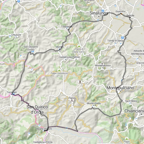 Karttaminiaatyyri "Montepulciano - Torrenieri - Bettolle" pyöräilyinspiraatiosta alueella Toscana, Italy. Luotu Tarmacs.app pyöräilyreittisuunnittelijalla