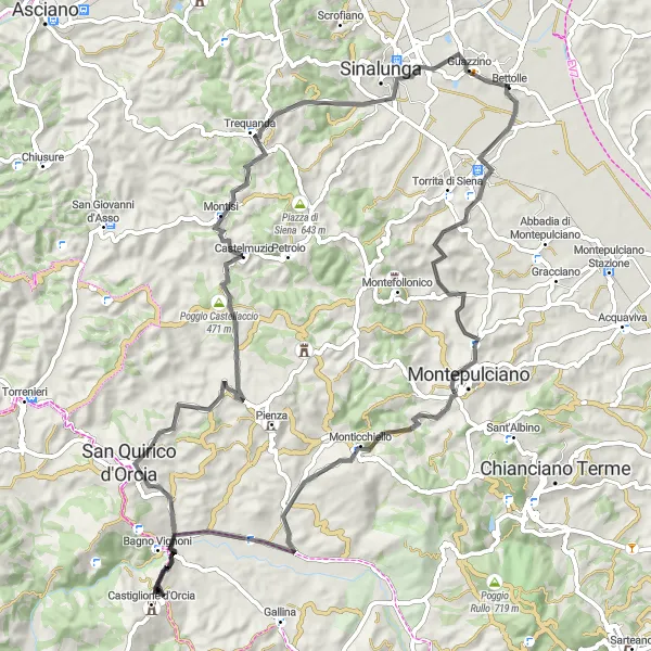 Miniatura della mappa di ispirazione al ciclismo "Tra Monticchiello e Bettolle" nella regione di Toscana, Italy. Generata da Tarmacs.app, pianificatore di rotte ciclistiche
