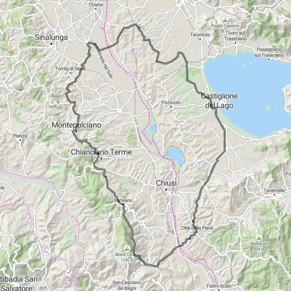 Miniaturekort af cykelinspirationen "Panorama gennem Valdichiana-dalen" i Toscana, Italy. Genereret af Tarmacs.app cykelruteplanlægger
