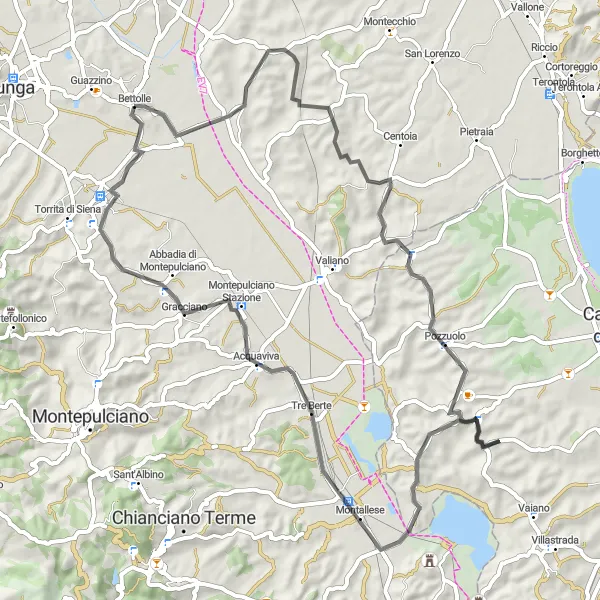 Map miniature of "The Serene Road" cycling inspiration in Toscana, Italy. Generated by Tarmacs.app cycling route planner