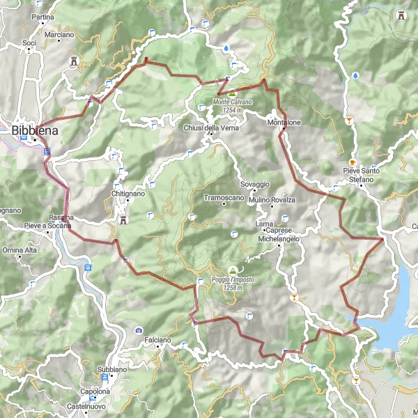 Miniatura della mappa di ispirazione al ciclismo "Gravel Giro delle Cime Sacre" nella regione di Toscana, Italy. Generata da Tarmacs.app, pianificatore di rotte ciclistiche