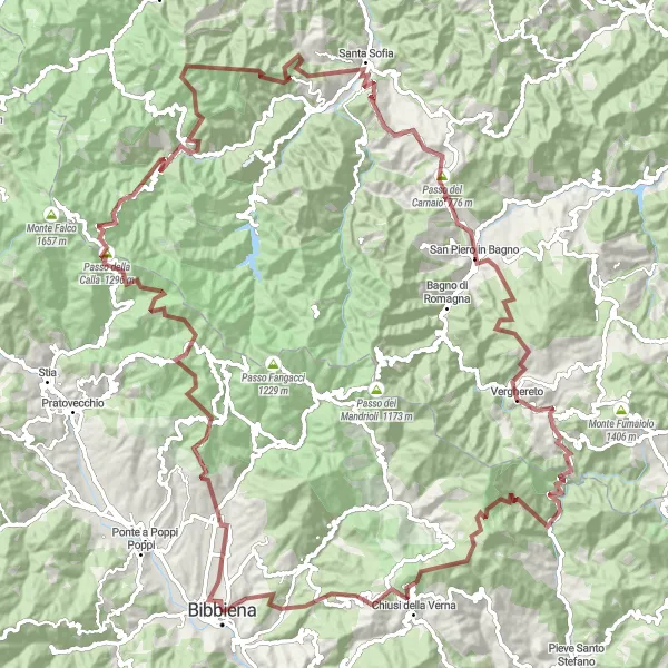 Zemljevid v pomanjšavi "Potovanje po gorah Val Casentino" kolesarske inspiracije v Toscana, Italy. Generirano z načrtovalcem kolesarskih poti Tarmacs.app