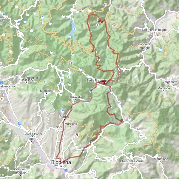 Kartminiatyr av "Bibbiena - Banzena - Poggio della Forca - Passo dei Mandrioli - Monte la Rocca - Monte Cucco - Badia Prataglia - Soci" cykelinspiration i Toscana, Italy. Genererad av Tarmacs.app cykelruttplanerare