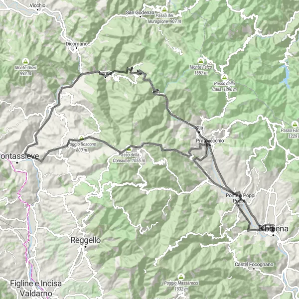 Zemljevid v pomanjšavi "Izjemna cestna kolesarska pot do Bibbiene" kolesarske inspiracije v Toscana, Italy. Generirano z načrtovalcem kolesarskih poti Tarmacs.app