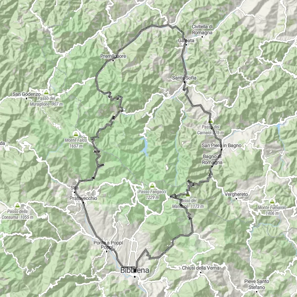 Miniatua del mapa de inspiración ciclista "Ruta de Ciclismo de Carretera Pratovecchio a Bibbiena" en Toscana, Italy. Generado por Tarmacs.app planificador de rutas ciclistas